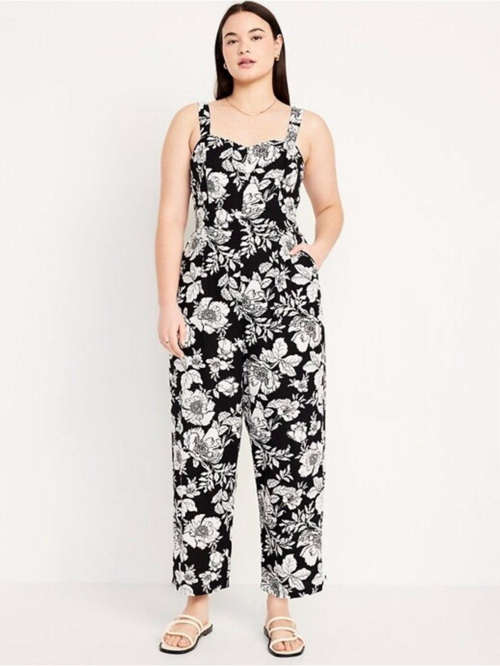 Wide Leg Jumpsuit Linen Blend XXL Petite Smocked Back Adjustable Straps Floral